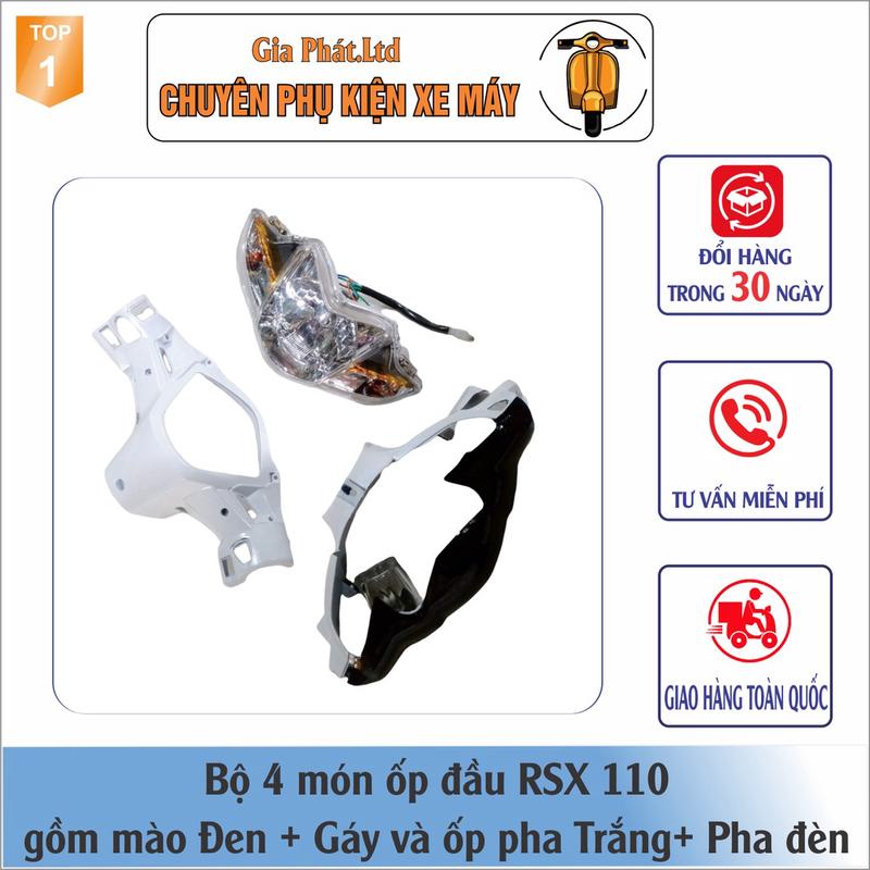 Combo ốp đầu Wave RSX 110 (đời 2010-2012)  gồm Mào ĐEN -Gáy TRẮNG - và Pha đèn kèm bóng