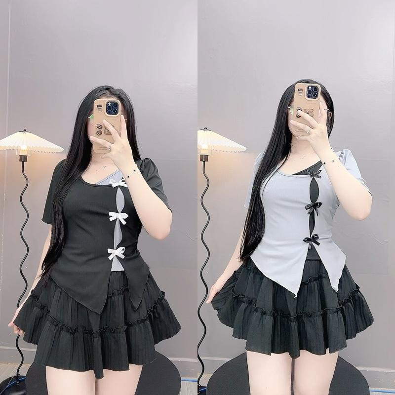 Set Bộ Bigsize Áo Phối 2 Lớp Đính Nơ Vải Tăm Qc Mát Dễ Thương Phối Chân Váy Xoè Nữ Tính Cho Chuppy 50-95Kg