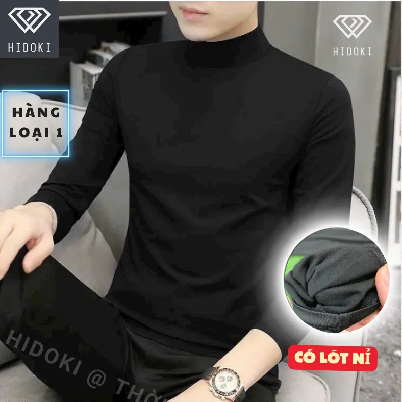 Áo giữ nhiệt nam cổ cao 3cm bên trong lót nỉ mỏng, áo thun nam dài tay thu đông ấm áp HIDOKI