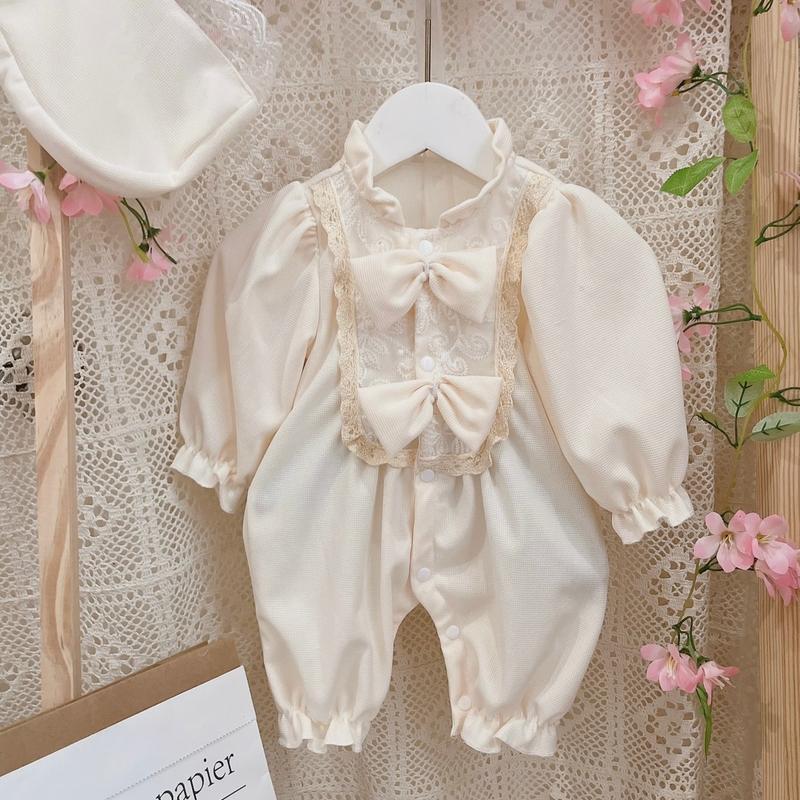 Bodysuit Cho Bé Dài Thân Chất Thun Tổ Ong Màu Kem Kèm Mũ Xinh Xắn, Body Cho Bé 4-11kg