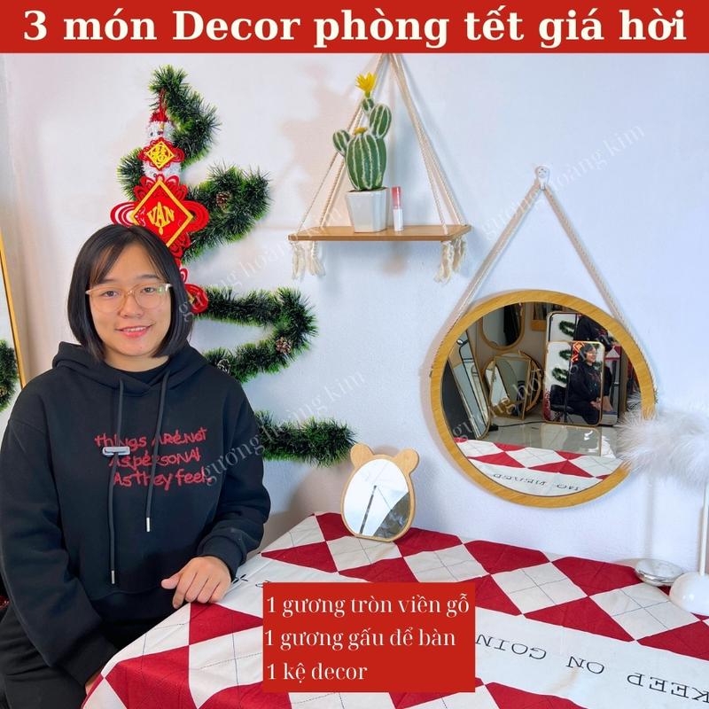 Product Introduction of 3 món decor phòng xinh, Gương tròn 35cm treo tường Trang Trí Nhà, tặng kệ Decor Phòng , tặng gương gấu để bàn, kèm dây thừng và phụ kiện treo không khoan tường. 3