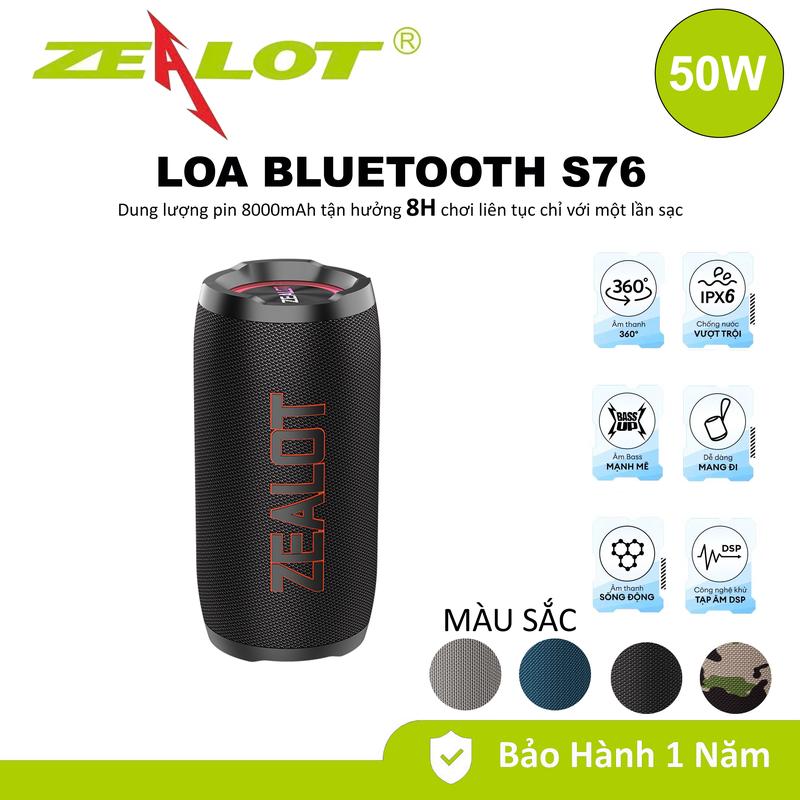 Loa Bluetooth di động ZEALOT S76 Công Suất 50W | Loa không dây chống nước ngoài trời IPX6 | Loa Hỗ trợ Thẻ TF/USB/AUX/TWS kết nối 2 loa âm thanh nổi - Chính hãng bảo hành 12 tháng Củ Loa Nghe Nhạc