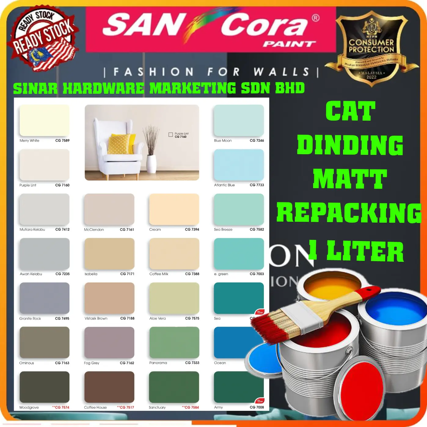 SINAR SANCORA CEMENT GUARD 1 LITER INTERIOR WALL MATT EMULSION PAINT / CAT KAPUR TIDAK KILAT CAT DINDING DALAM RUMAH MATTE MURAH REFILL REPACKING