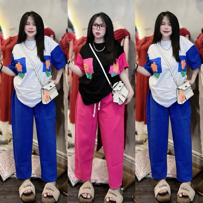 Sét Bộ Jean Kaki Ao Tay Ngắn Phối Hoa Tiếc Túi Màu Kèm Quần Baggy Kaki Trơn,Phom 45-65kg,Kaki Không gian,Mặc Thoải Mai Đi Du lịch