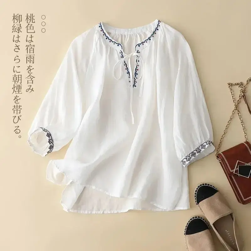 White Embroidery Three Quarter Sleeve V-Neck Pullover Loose Women's Blouse Shirt Casual Linen Female Clothing Tops 2024 Fashion Womenswear Lingerie