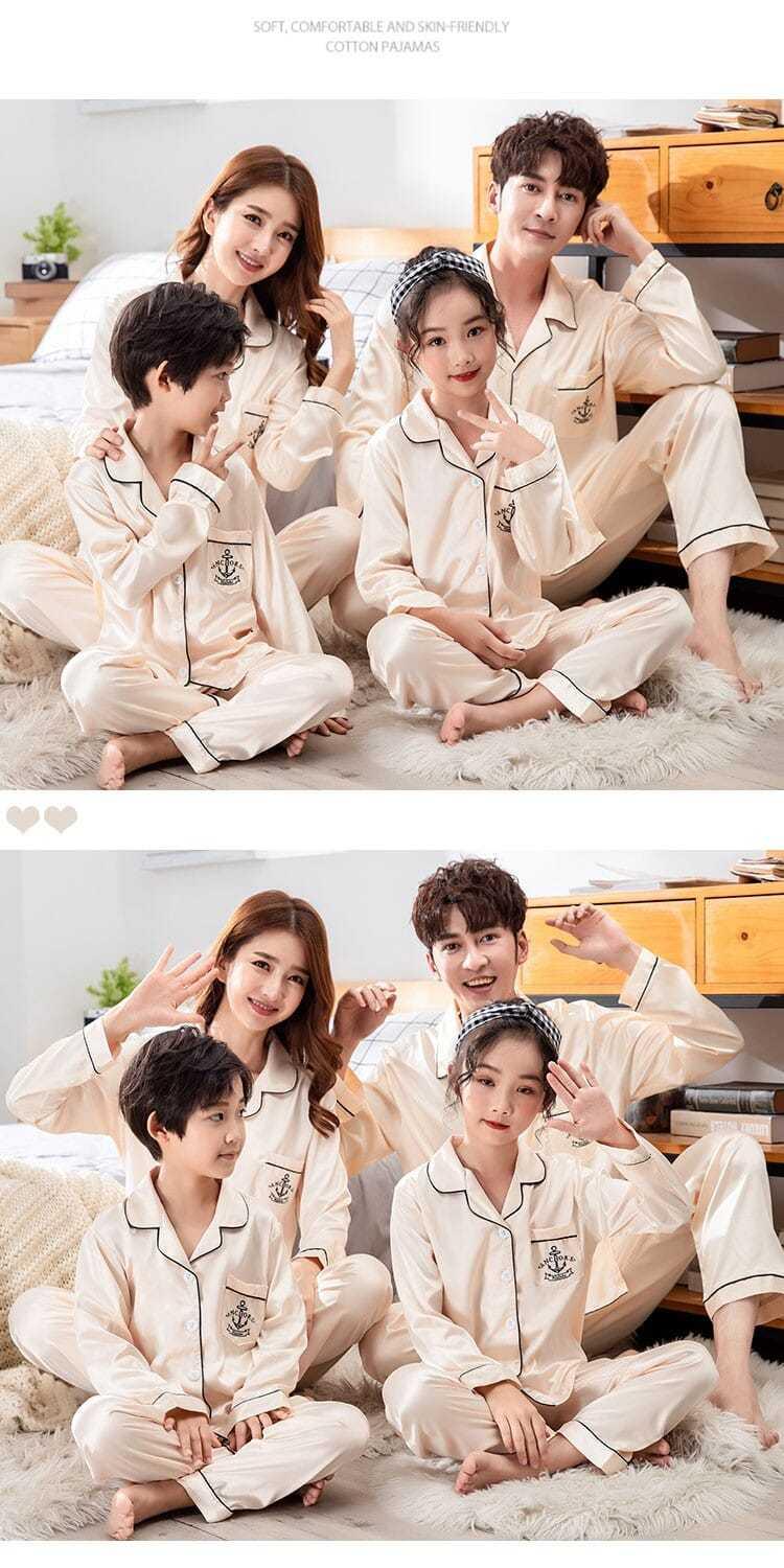 Product Introduction of Korean Style Couple Long Sleeve Parent-Child Pajamas Spring and Autumn Family Three Or Four Mother and Daughter Ice Silk Boys 'And Girls' Home Wear Suit Thin 12