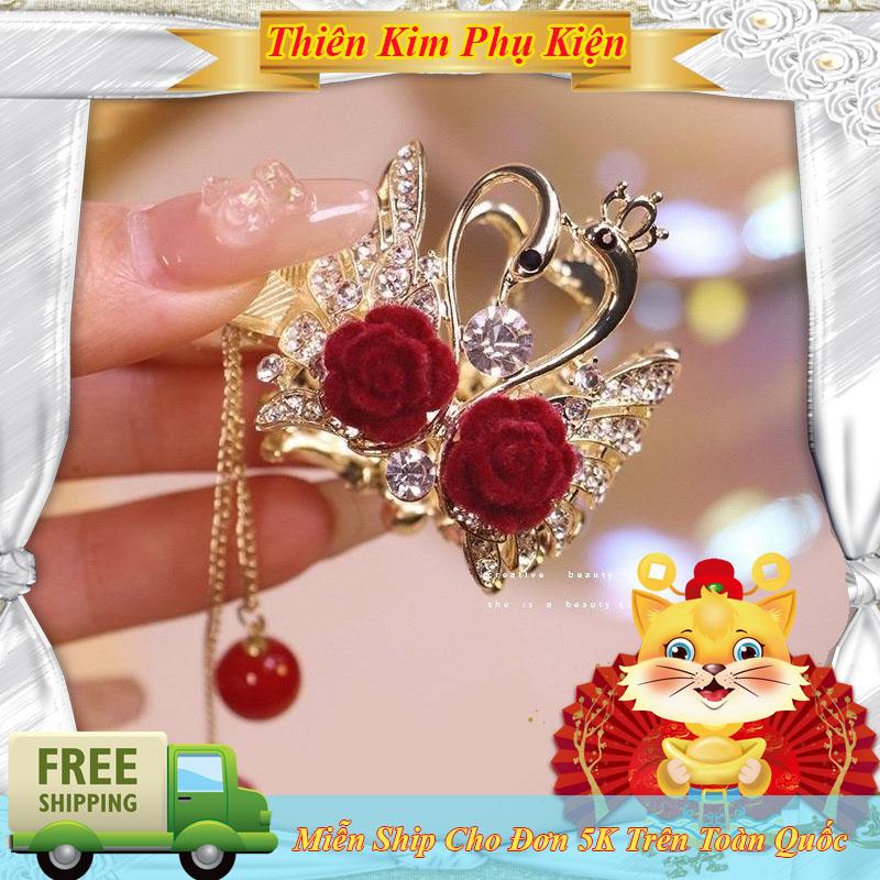 MỚI Kẹp Tóc Đuôi Ngựa Thiên Nga Đính Đá Hình Hoa Hồng Sang Trọng