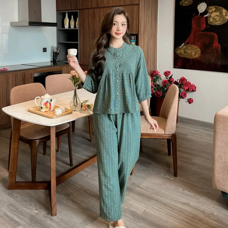 Bộ quần áo kẻ caro - K2511,pijama nữ đồ mặc nhà Lila dáng babydoll cổ tàu chất thô cotton, mềm mịn,thoáng mát 2
