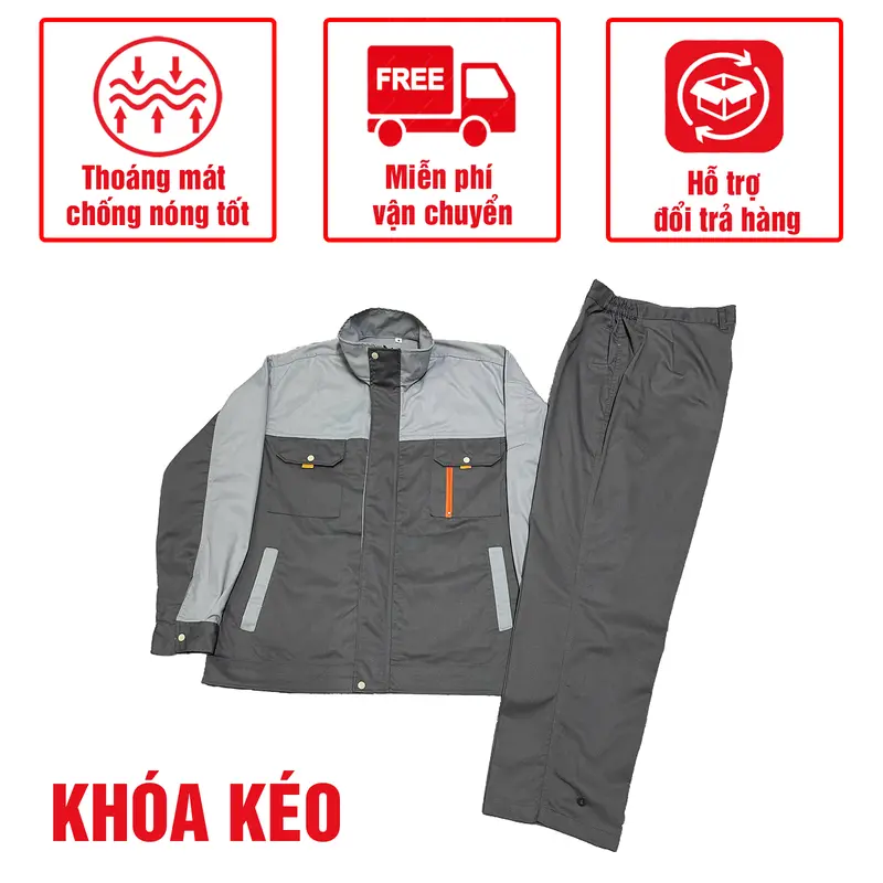 Bộ Quần Áo Bảo Hộ Lao Động Nam Dài Tay Mã 60 Khóa - Có Cổ Cao, Quần Không Có Túi Hộp, Vải Kaki 3/1 Dày Dặn, Bền Bỉ, Thoáng Mát, Chống Nắng Nóng Tốt 0