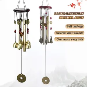 Lonceng Angin Kayu Pinus 4 Tabung dengan Hiasan Logam, Wind Chime Bambu & Kuningan, Lonceng Keberuntungan untuk Taman, Teras, Balkon, Dekorasi Rumah Minimalis Gantung, Ornamen Feng Shui Alami