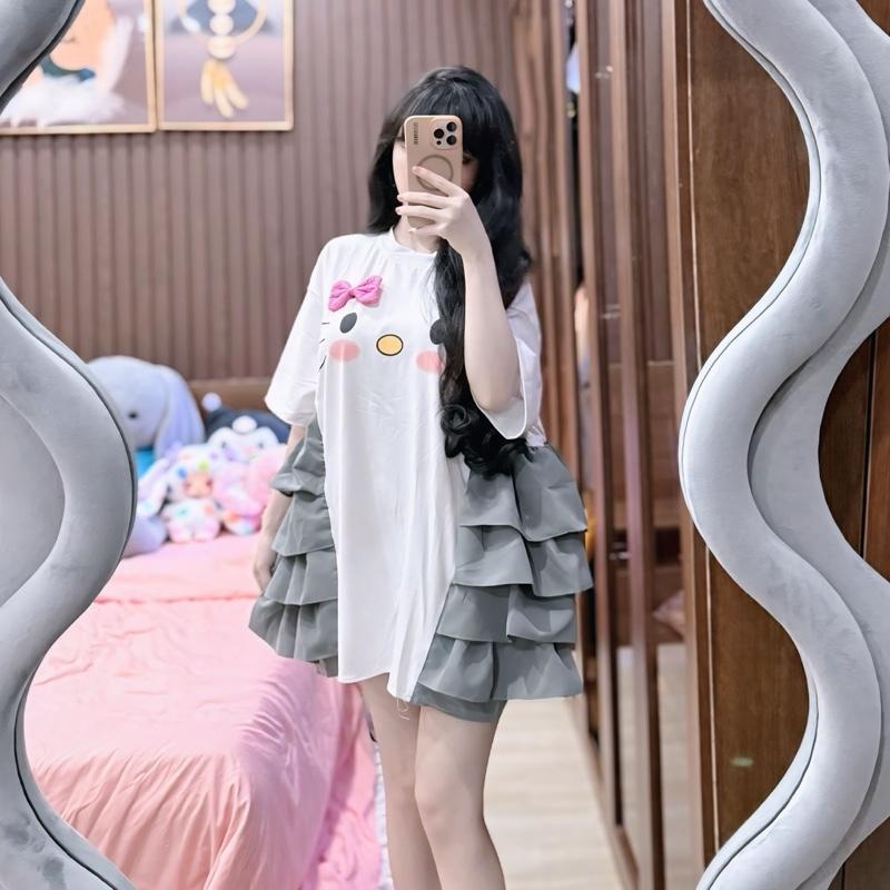 TBB Đầm Babydoll Thun Cotton In Hình Mèo Dễ Thương. Đầm Mặc Thường Ngày. 5