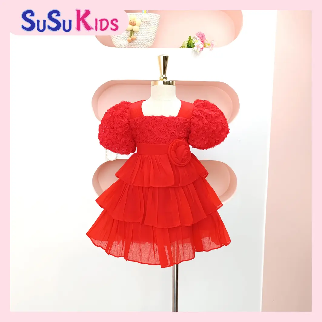 Đầm váy tiểu thư cho bé gái SuSu Kids ren hoa hồng dáng xòe SU383