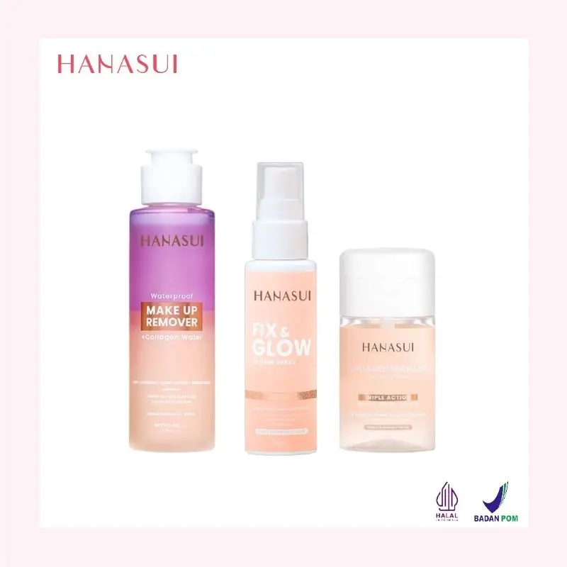 HANASUI Fix & Glow Setting Spray 60ML | Collagen Micellar Cleansing Water 100ml | Waterproof Make Up Remover 100ml