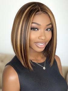 13x5x1 T-lace Middle Part Highlight Short Bob Wig, Gorgeous Fluffy Wigs for Women, Fashionable Human Hair Wigs for Party, Daily Use