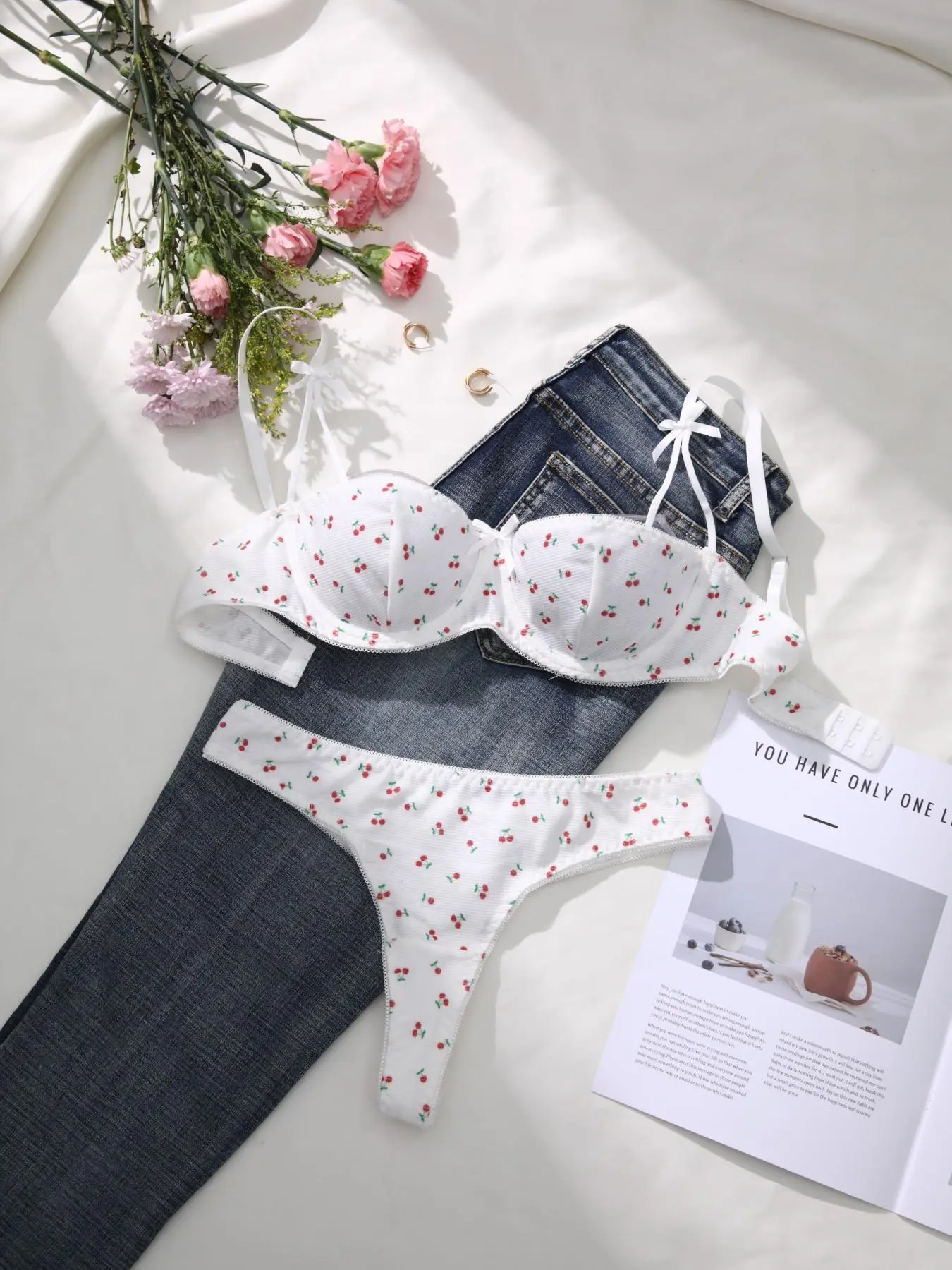 Women's Cherry Print Bow Front Underwire Bra & Panty Two-piece Set, Casual Comfy Breathable Adjustable Strap Bra & Knicker for Daily Wear, Underwear Set for Women