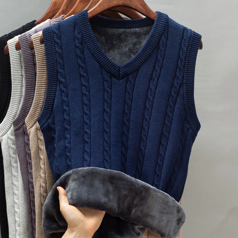Áo Vest Len, Dày Dặn, Lót Lông Cừu, Thích Hợp Cho Mùa Thu Và Mùa Đông, Áo Ghi Lê, Áo Ghi Lê Nam, Áo Len Ấm Áp, Áo Ghi Lê Len Dệt Kim Không Tay Dành Cho Nam Giới