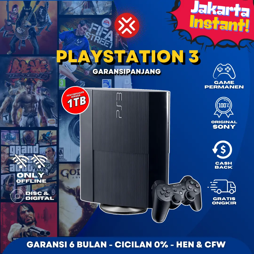 SONY PS3 Playstation 3 Superslim Hen Full 120/160/250/320/500 GB/1 TB 1000 GB MESIN DINGIN Siap Main Garansi Panjang