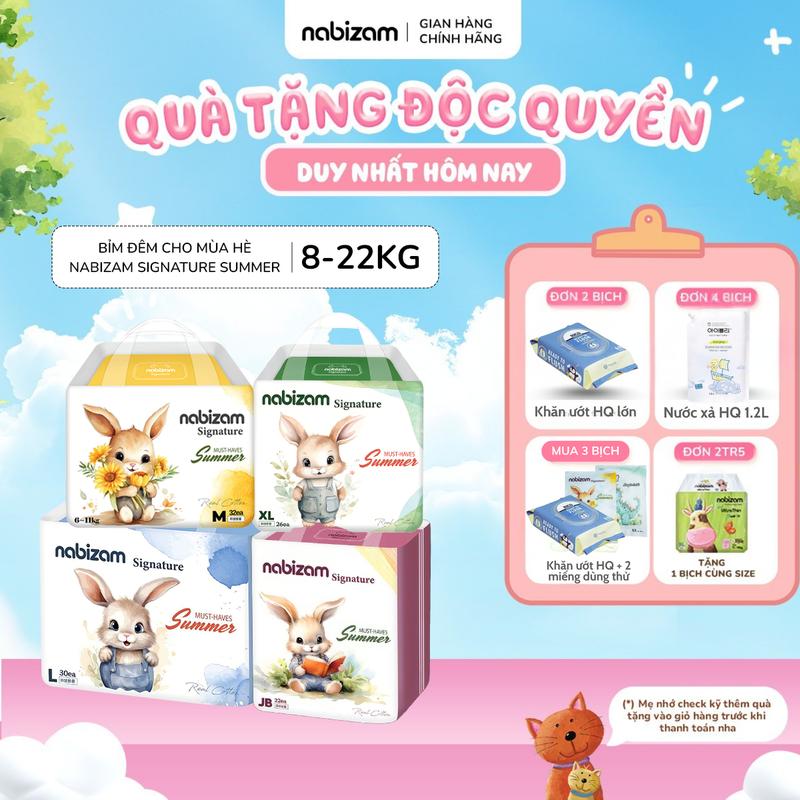 [ĐỘC QUYỀN KOL] [4 BỊCH] [BỈM ĐÊM SUMMER] Combo 4 Bịch Tã/Bỉm Đêm NABIZAM Signature Summer Nội Địa Hàn, Mỏng Mềm Mùa Hè, Thoáng Khí, Siêu Thấm Hút Cho Bé 8-22kg