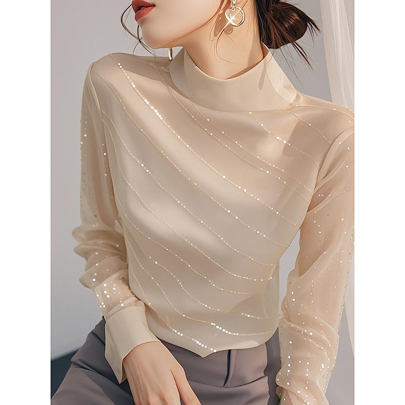Product Introduction of Beautiful Blouse French Style Temperament Top Light Beige Sequined Long Sleeve Women's Shirts Womenswear Lingerie Comfort Basic Minimalist 4