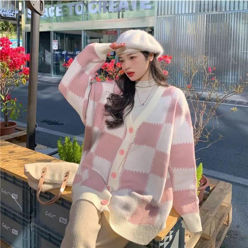 Áo Cardigan Len Nữ Caro Hồng Xinh Form Rộng 7