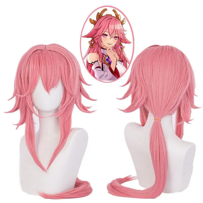 Genshin Impact Yae Miko Cosplay Wig Pink fox upside down Miss Scalp Long Hair Wigs Simulated Scalp Heat Resistant Synthetic Hair Party Halloween Anime Wig