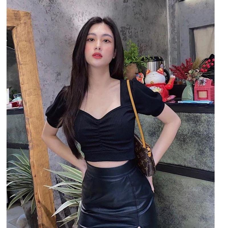 Áo croptop Tay Phồng ngắn cổ vuông chất vải thun gân mềm mịn, thoáng mát khi mặc