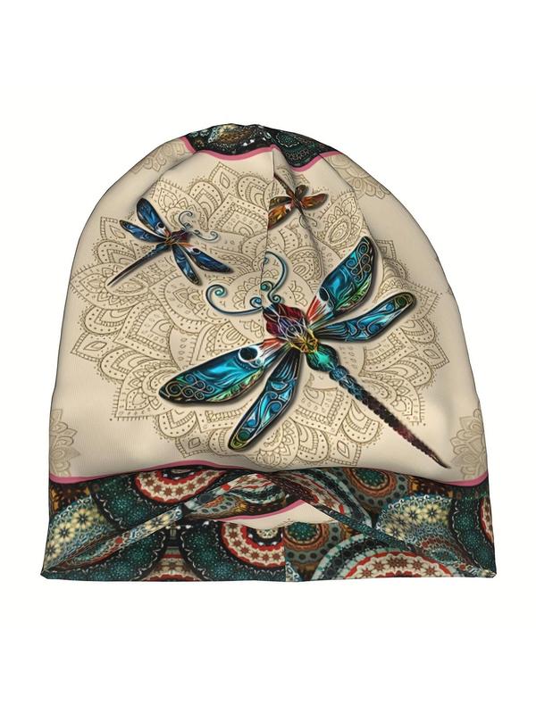 Dragonfly Pattern Beanie Hat, Boho Style Ethnic Pattern Beanie Hat for Fall & Winter, Fashion Vintage All-match Accessories for Women & Men 2
