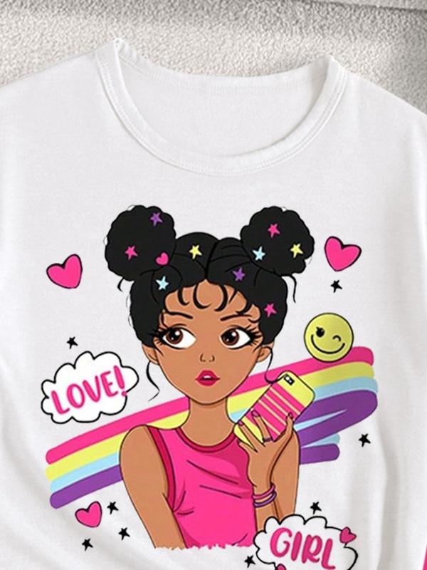 Toddler Girl's Cartoon Girl Print Tee & Pants Sweater Set, Casual Short Sleeve T-shirt & Trousers, Kids Summer Clothes 2