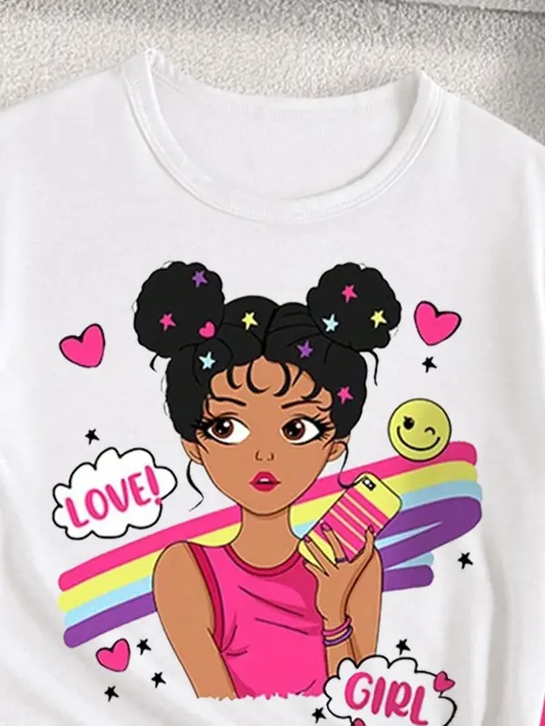 Toddler Girl's Cartoon Girl Print Tee & Pants Sweater Set, Casual Short Sleeve T-shirt & Trousers, Kids Summer Clothes 2