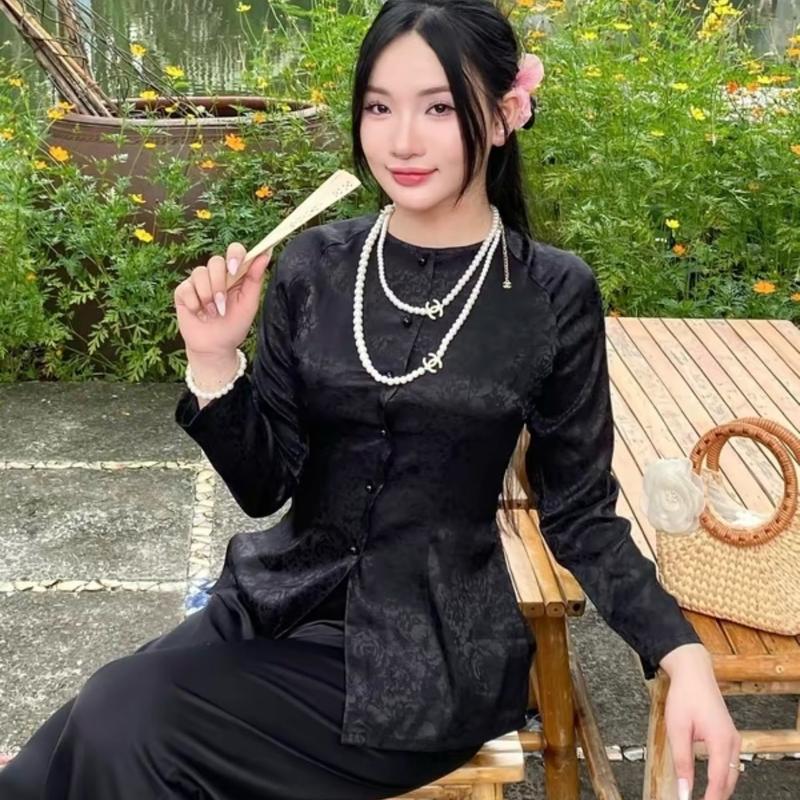 CẢ BỘ BÀ BA - ÁO VẢI GẤM VÂN HOA - TAY DÀI CỔ TRÒN - QUẦN LỤA SATIN 0