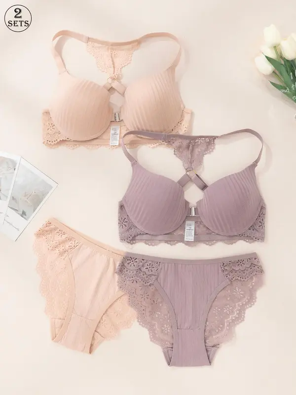 Women's Solid Color Lace Bra & Panty Two-Piece Set, Adjustable Strap Push Up Bra & High Waist Panty, Lingerie Set for Women 6