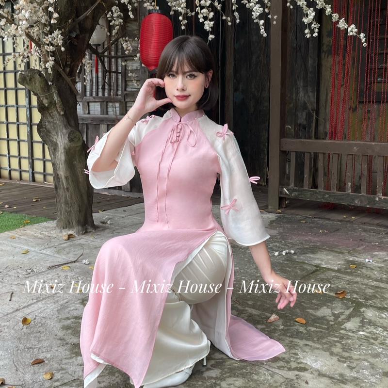 [DEAL GIỚI HẠN] Áo dài cách tân Yên Phượng tay nơ ba màu hồng đỏ xanh Mixiz House Nữ  Women Dress - AD02 Voan