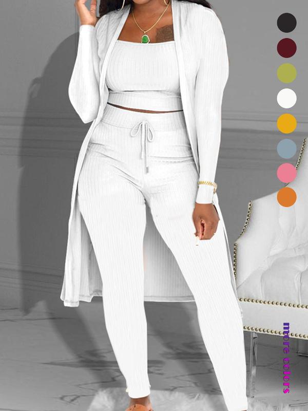 Women's Plain Long Sleeve Open Front Cardigan & Tie Front Leggings & Sleeveless Cropped Top Set, Casual Chic Elegant Fashion Cozy Breathable Women's Lounge Outfits for Fall, Ladies Fall Co-ord Sets, Womenswear 2