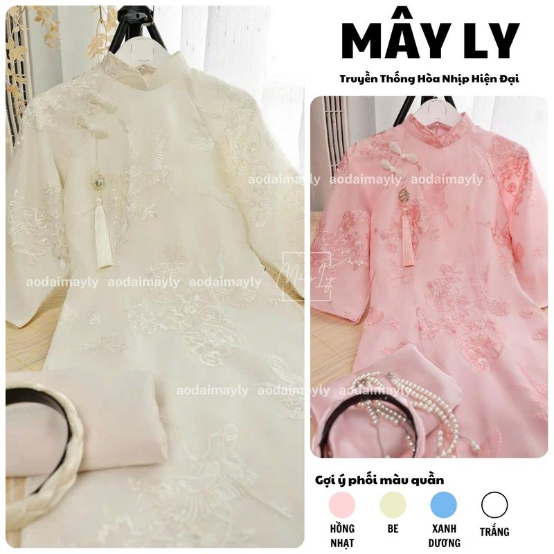   BST TẾT 2026  Áo Dài Tơ Thêu Hạc Vũ Cách Tân Dáng Ôm Phối Cùng Quần Lụa Ngọc Trai Sang Trọng – Áo Dài Mây Ly pháp phục đồ lam 