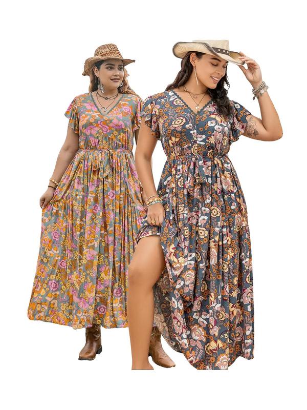 Plus Size Floral Print Ruffle Hem Belted A Line Dress, Comfort Bohemian Dresses for Women, Contrast Lace V Neck Long Dress for Beach Vacation Holiday, Summer Dresses 2025, Sun Dress 2
