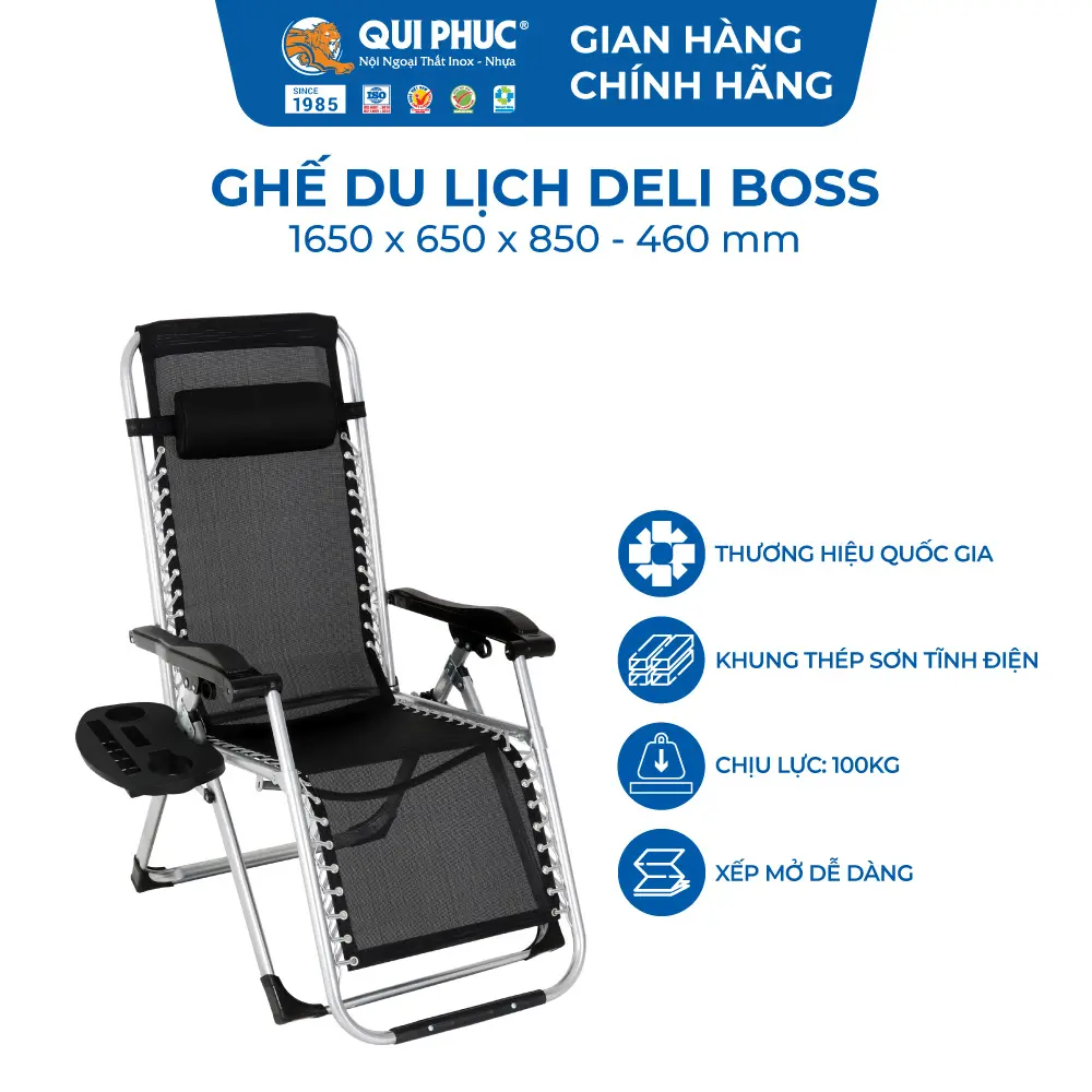 Ghế Xếp Du Lịch DELI Boss - Qui Phúc Chính Hãng - Chịu Tải 100Kg, Sườn Thép Sơn Tĩnh Điện Chắc Chắn