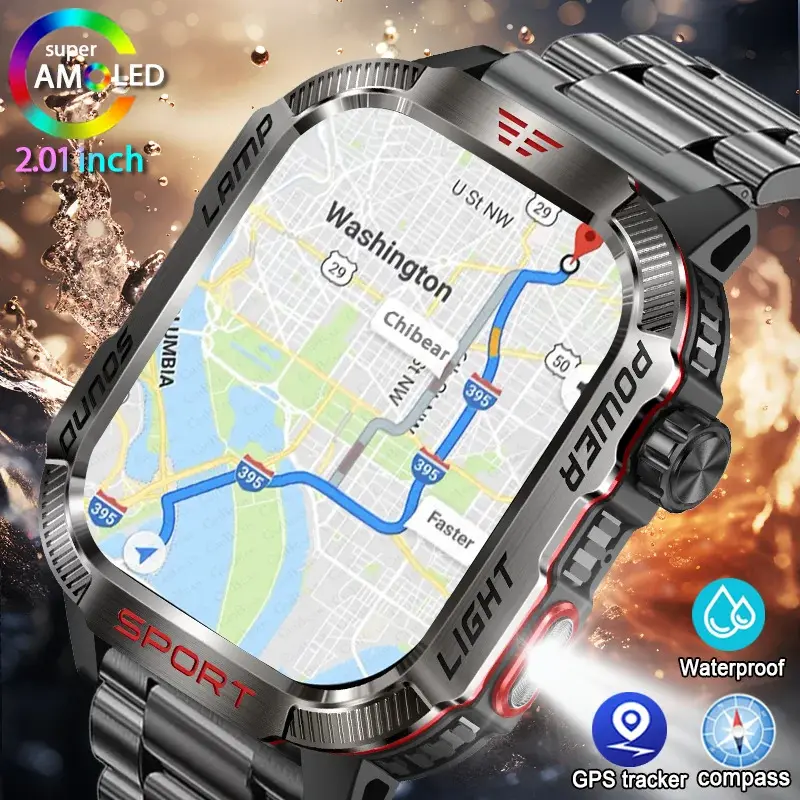 ใหม่สำหรับ Huawei Xiaomi นาฬิกาสมาร์ททหาร GPS ผู้ชาย ไฟฉาย เข็มทิศ กันน้ำ กีฬากลางแจ้ง ติดตาม บลูทูธ โทร นาฬิกาสมาร์ท สัมผัส