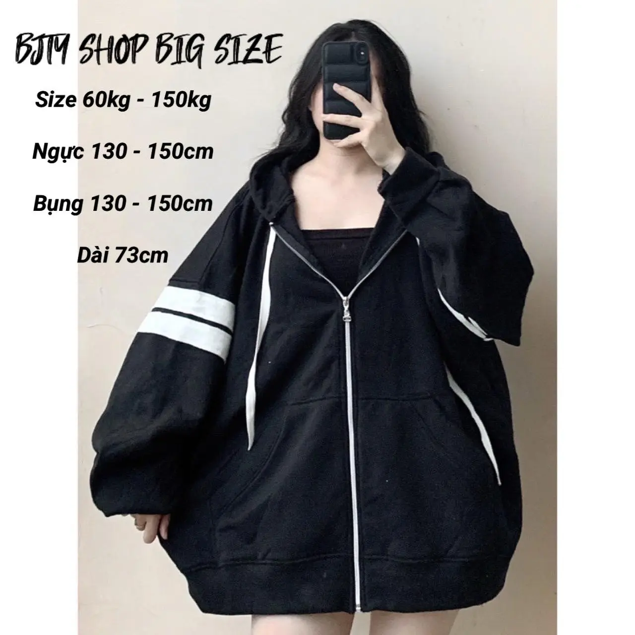 I BIG SIZE I KHOÁC NỮ NỈ ĐEN TAY SỌC SIZE 50KG ĐẾN 135KG - BJTY SHOP BIG SIZE aokhoac áokhoá cnữ hoodie polime áo hoodie hồng loang nơ áo phao da áo khoác dày chỉ giặt tay đậu xanh quỳnh anh nâu đỏ giặt bằng nước lạnh zipper màu zip Vietnam có thể giặt má