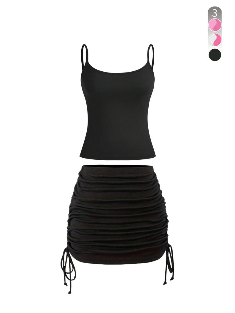 Product Introduction of Two-Piece Set Women's Solid Color Cami Top & Drawstring Side Skirt, Casual Fashion Cozy Clothing Sets for Daily Outdoor Wear, Ladies Summer Clothes 1