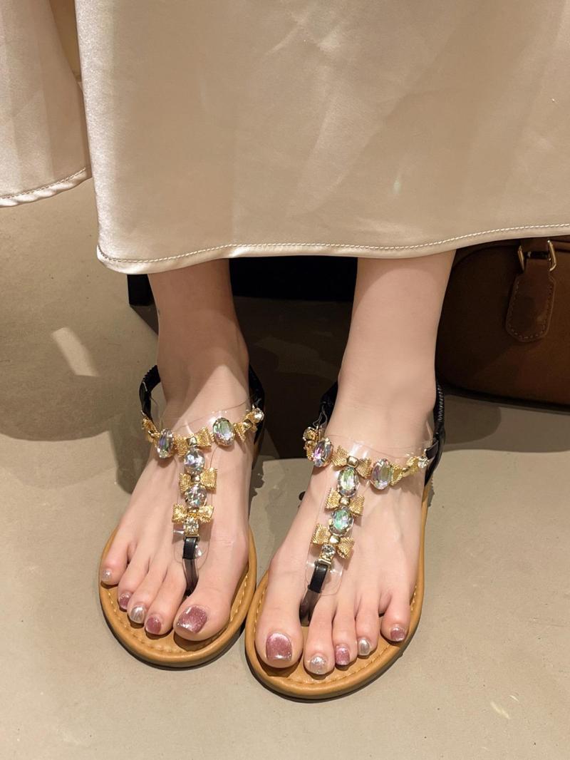 Product Introduction of Women's Fashionable Rhinestone Decorated Slide Sandals, Casual Comfortable Flat Sandals for Summer, Lightweight Breathable Shoes for Daily Wear, Girl 3