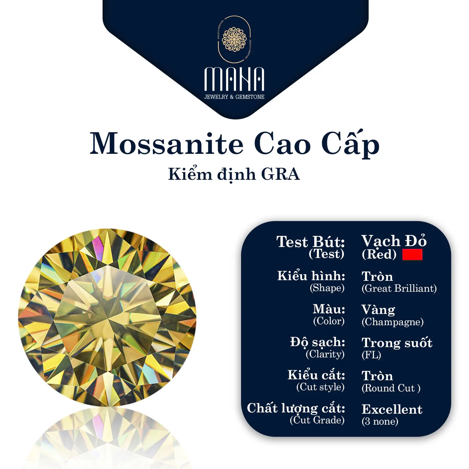 Kim Cương Moissanite Màu Vàng Champagne 4.0-10.0 Ly Viên Tròn Hàng Mỹ (Kèm Kiểm Định GRA)
