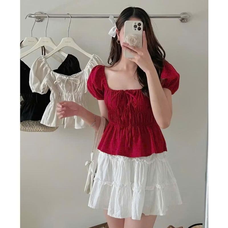 Áo kiểu tay bồng cổ vuông thiết kế nơ dúm ngực 3 màu peonyb - Thun cộc tay bánh bèo tiểu thư hotgirl có bigsize oversize phong cách hàn quốc đẹp