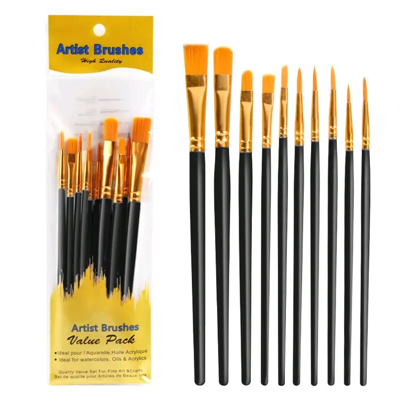 10 Pcs Paint Brush Nylon Set Kuas Lukis Nilon Set Cat Kanvas Stationery