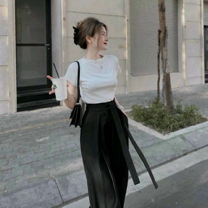 Sét bộ thời trang nữ sang chảnh mặc đi chơi áo tăm gân cổ tròn tay ngắn mix quần ống rộng siêu xinh qc Women Top 3