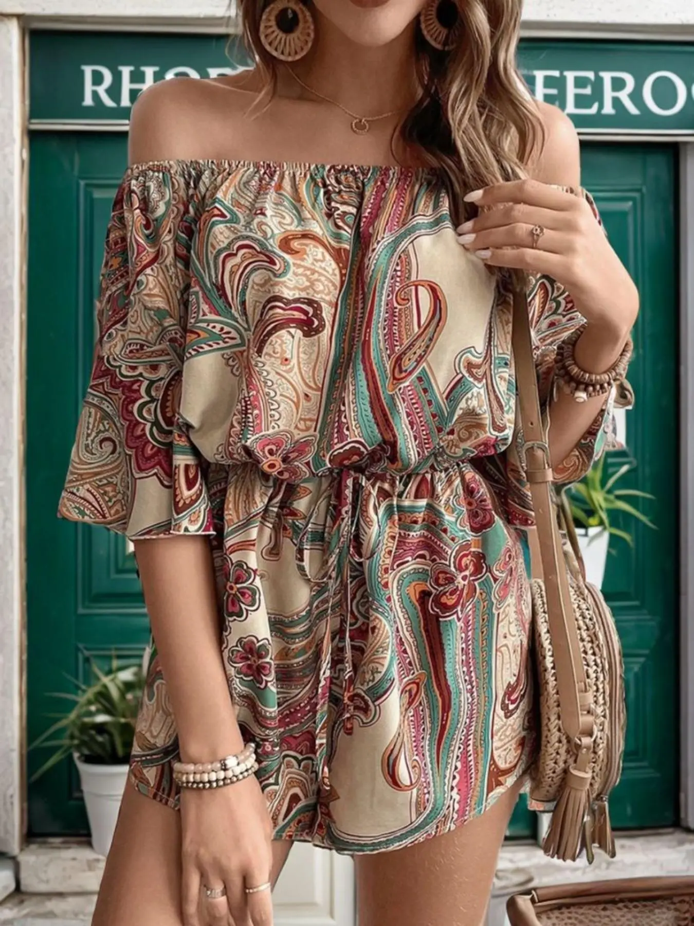 Women's Ethnic Print Off Shoulder Romper, Boho Fashion Casual Romper for Daily Holiday Vacation Wear, Women Clothes for Spring