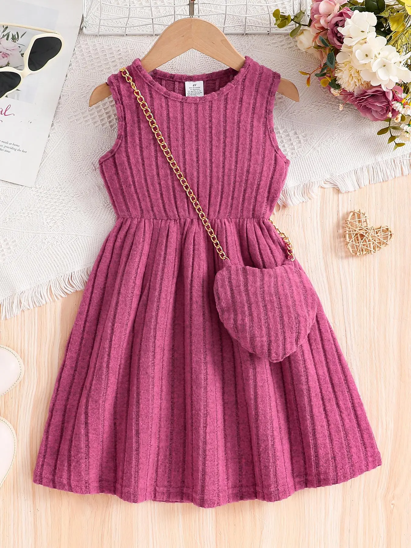 Girl's Solid Ribbed Sweater Dress with Bag, Casual Sleeveless Crew Neck Knit Dress for Summer, Kids Clothes for Daily Wear