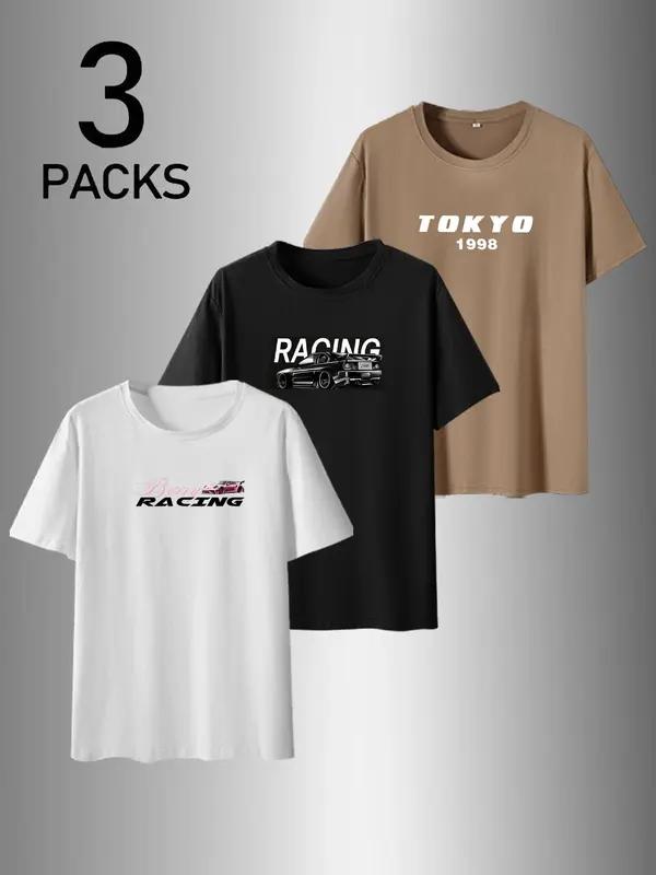 Men's Car Print Round Neck Tee, Regular Fit Casual Short Sleeve T-shirt for Summer, Men's Top for Daily Wear, Tropical 1