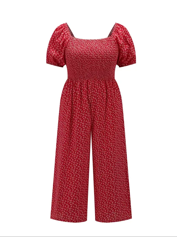 [Plus Size] Ditsy Floral Print Shirred Jumpsuit, Jumpsuits for Women, Boho Fashion Puff Sleeve Square Neck Jumpsuit for Daily Vacation Wear, Women Plus Clothing Overalls for Summer 1