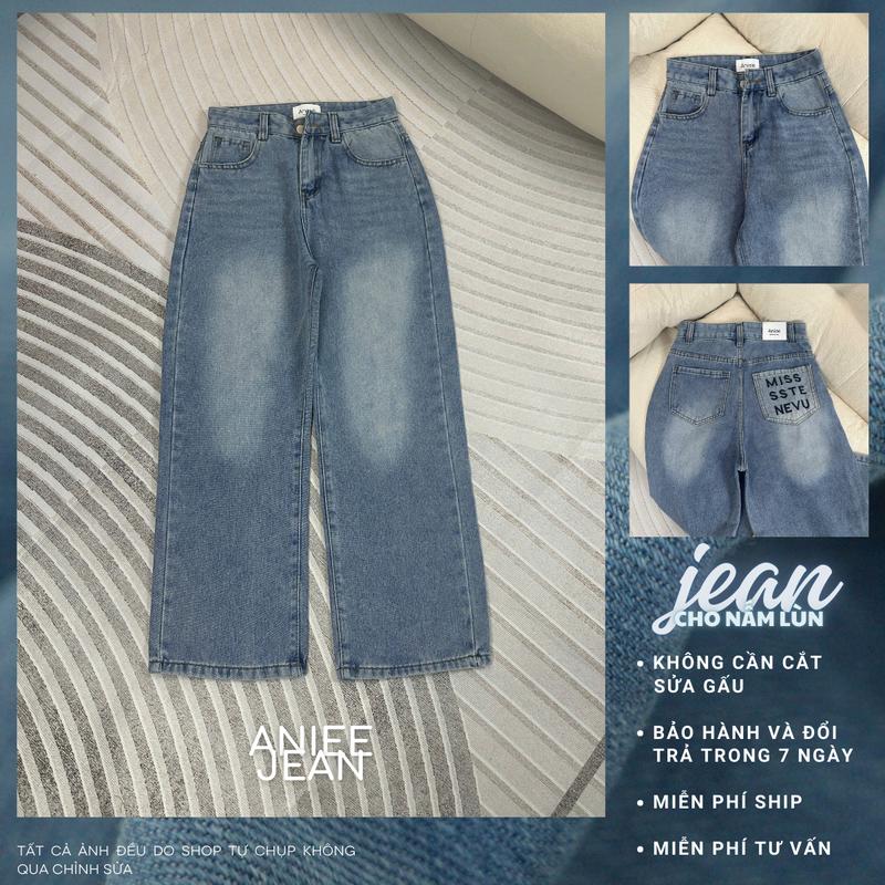 Quần jean ống rộng quần bò nữ ống suông Aniee cạp cao ống trơn thêu chữ túi sau vải denim màu xanh nhạt dài 90cm cho nấm lùn - XANHNHATTHEUCHU - Aniee