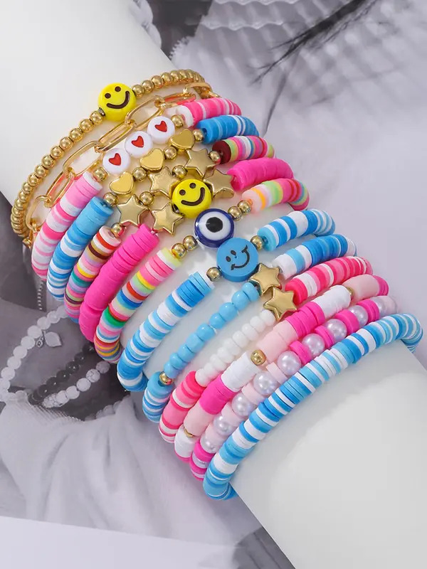 Boho Style Colorblock Star Charm Bracelet, Cute Trendy Eye & Smile Face Polymer-clay Bracelet, Fashion Accessories for Women & Girls 0